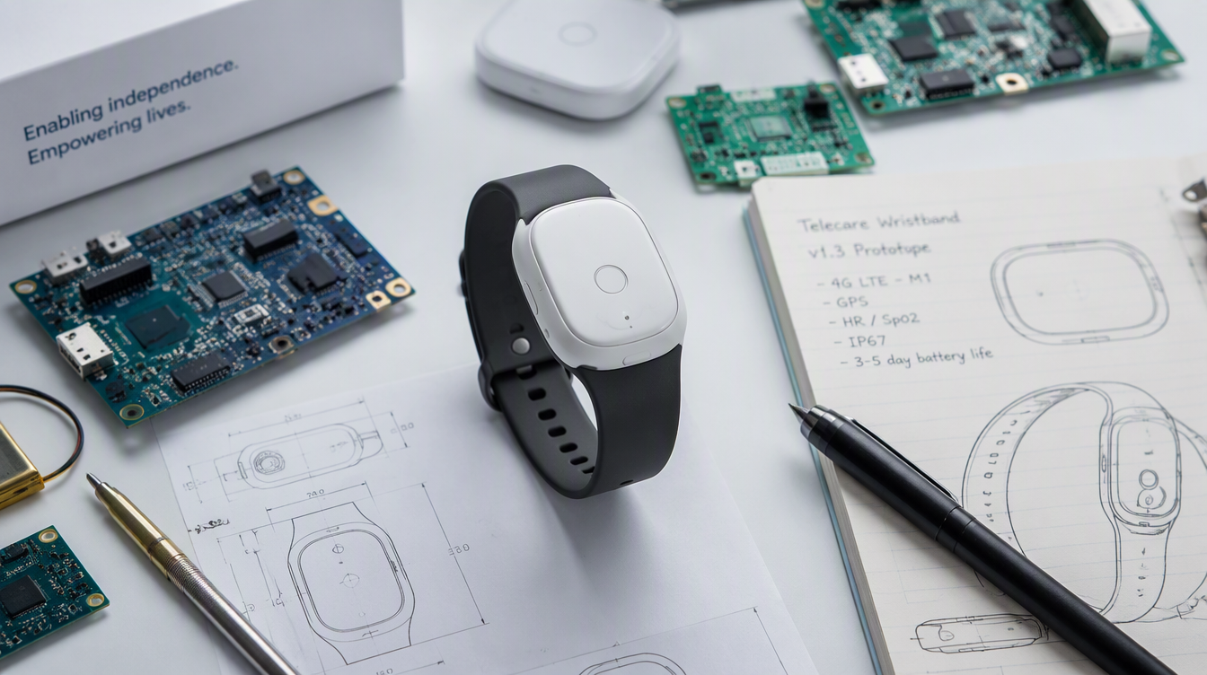 Prototyp opaski do teleopieki z sensorami i dokumentacją techniczną na stanowisku laboratoryjnym.
