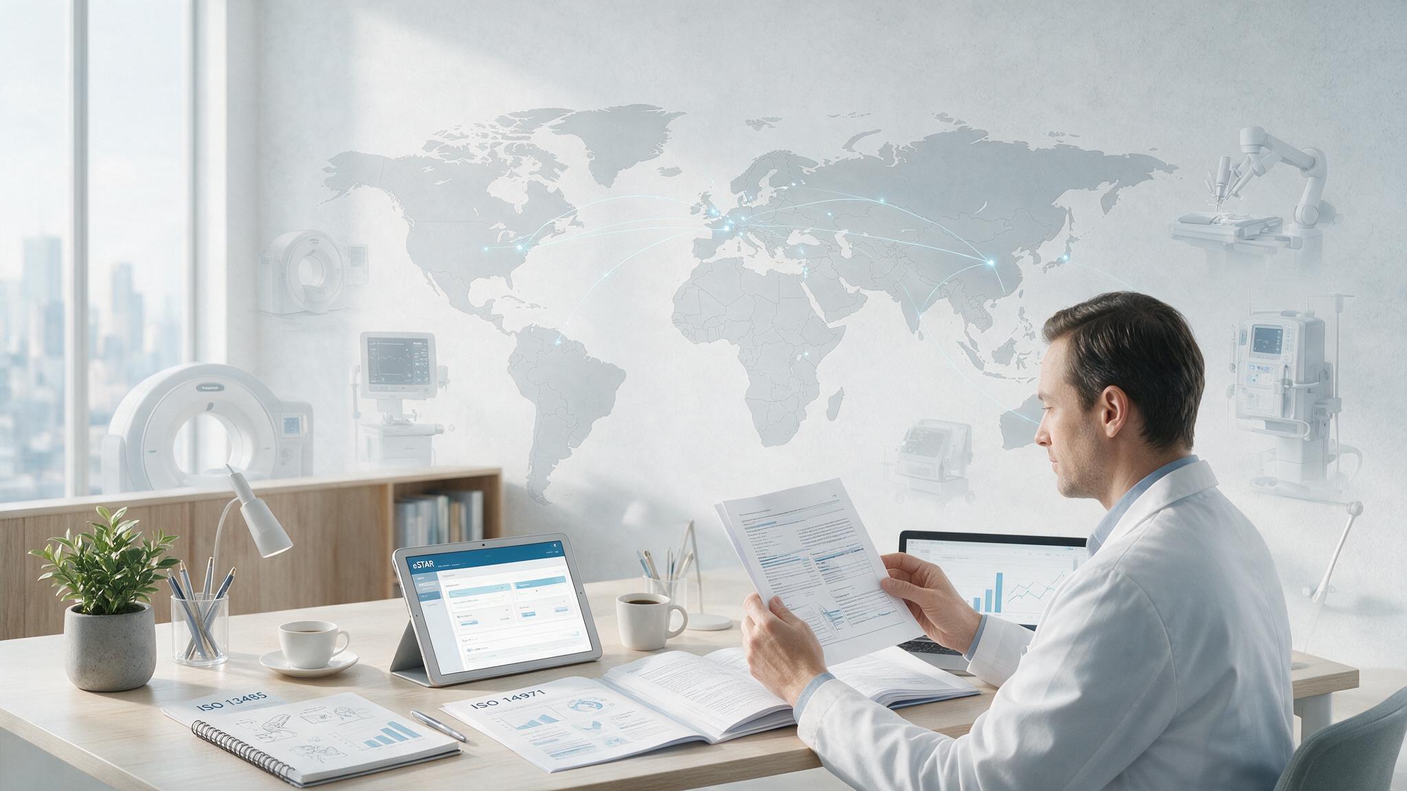 Specjalista Regulatory Affairs analizujący globalną dokumentację dotyczącą wyrobów medycznych.