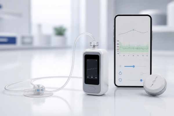 Kompaktowy system pompy insulinowej z sensorem CGM i aplikacją mobilną.