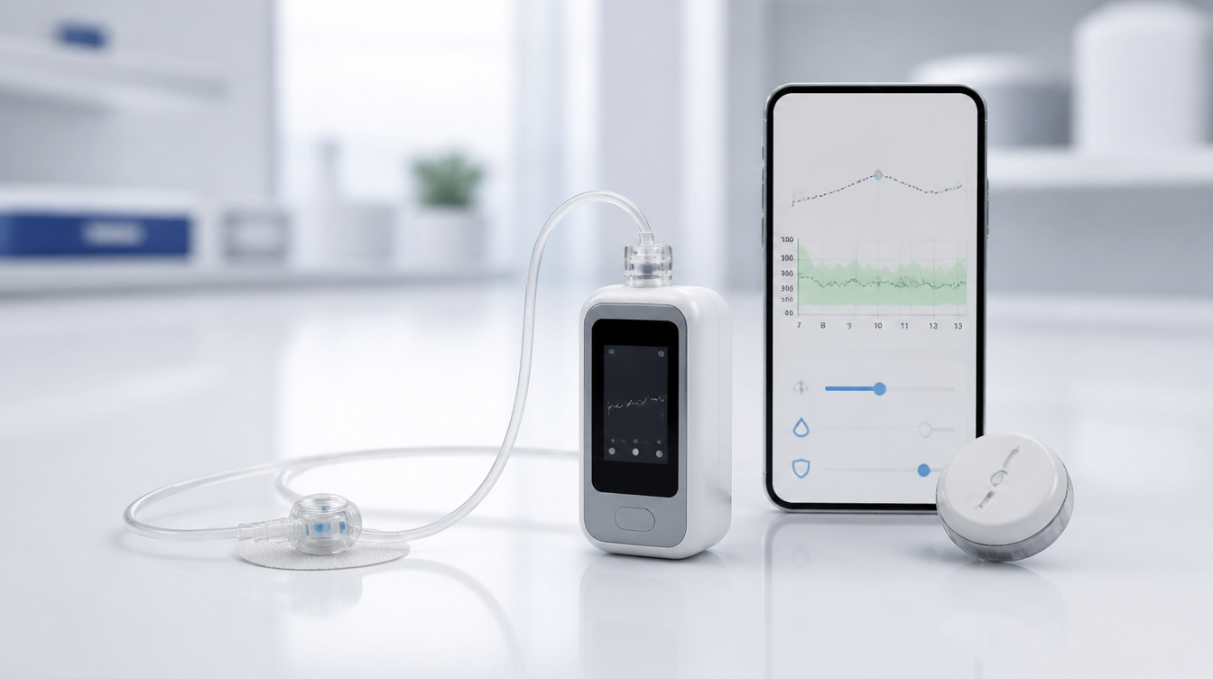 Kompaktowy system pompy insulinowej z sensorem CGM i aplikacją mobilną.