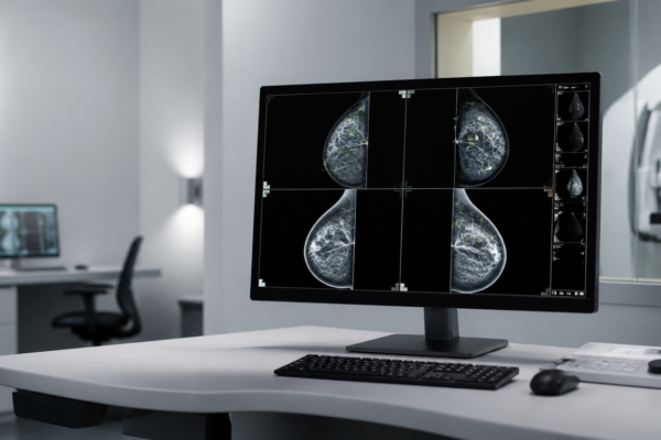 System AI analizujący badania mammograficzne na profesjonalnym stanowisku radiologicznym.