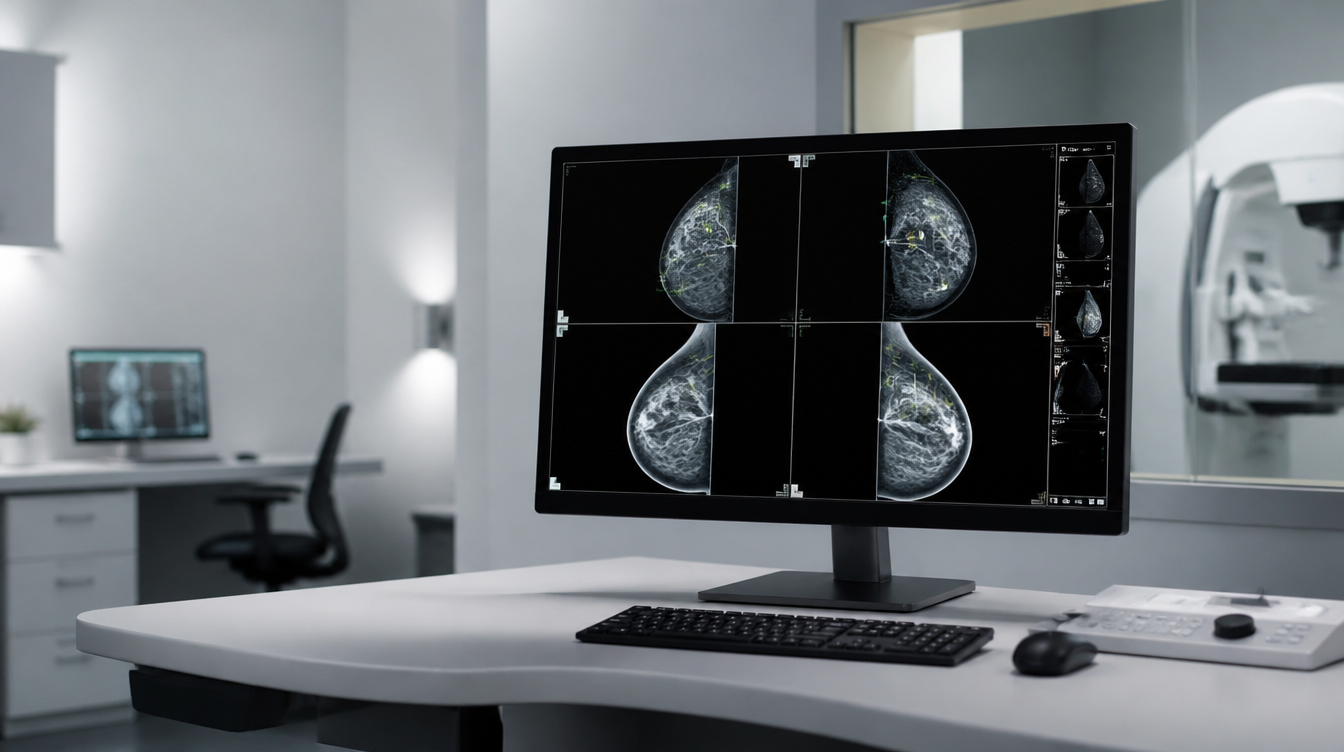 System AI analizujący badania mammograficzne na profesjonalnym stanowisku radiologicznym.
