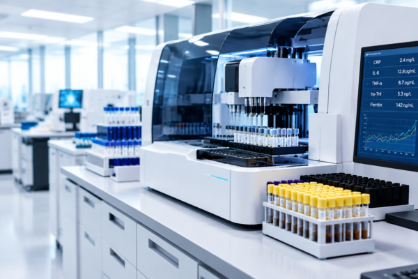 Automatyczny analizator immunochemiczny i próbki surowicy w laboratorium diagnostycznym IVD.