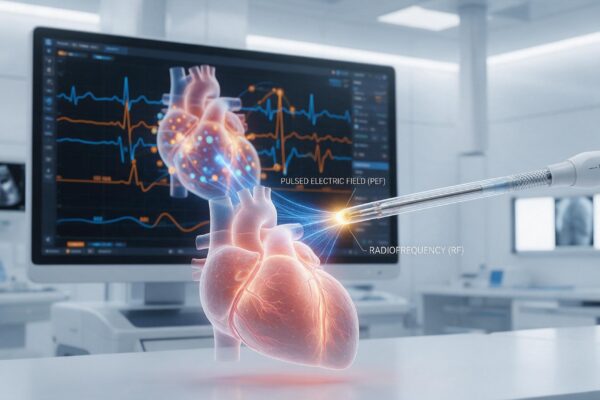 Cewnik do ablacji i stanowisko elektrofizjologiczne symbolizujące technologie PFA i RF.