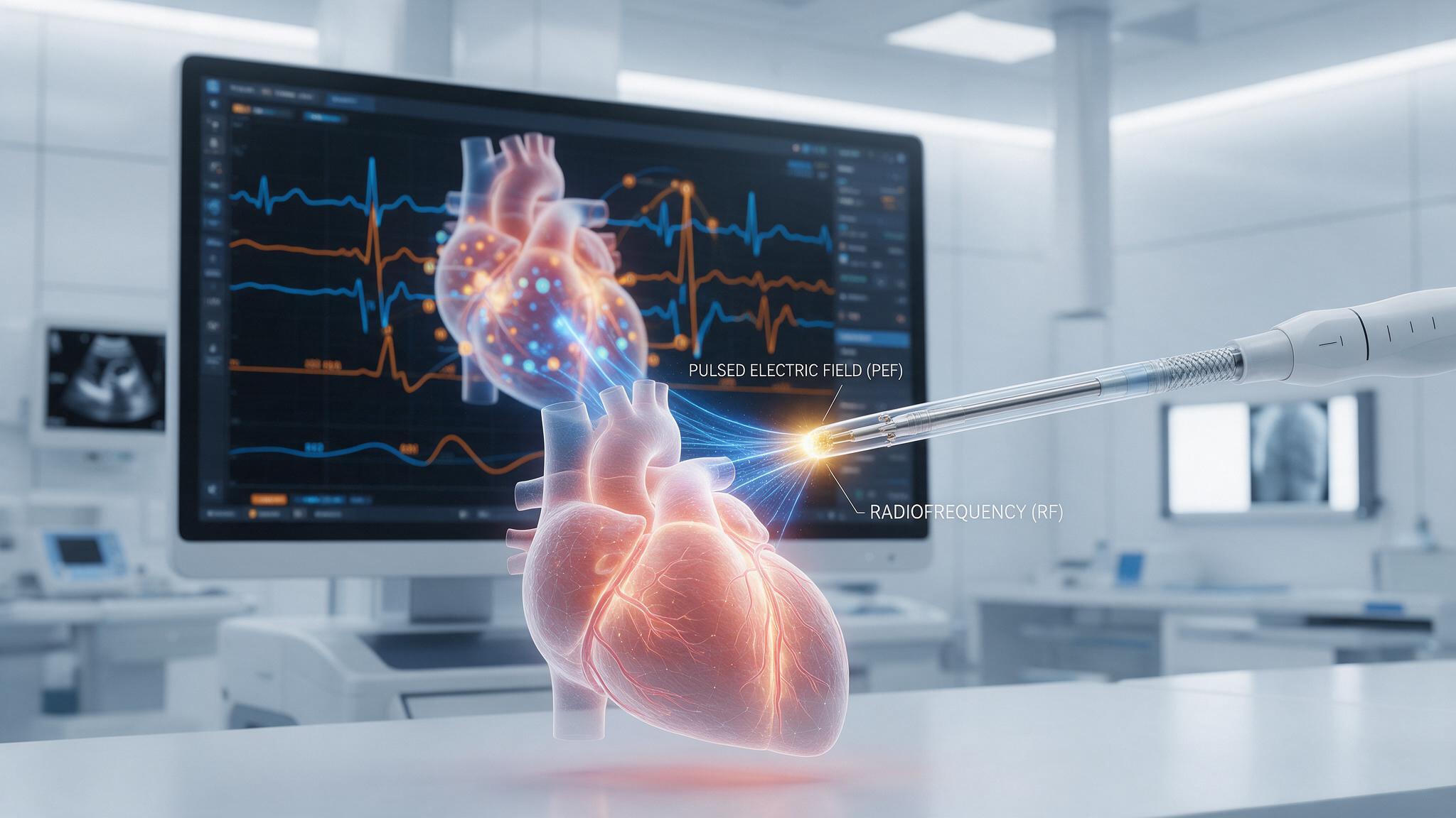 Cewnik do ablacji i stanowisko elektrofizjologiczne symbolizujące technologie PFA i RF.