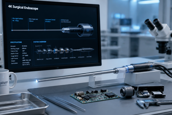 Cienki endoskop medyczny z elementami optycznymi, elektronicznymi i mechanicznymi na stanowisku inżynieryjnym.