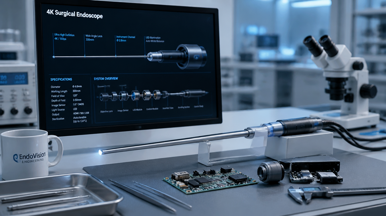 Cienki endoskop medyczny z elementami optycznymi, elektronicznymi i mechanicznymi na stanowisku inżynieryjnym.
