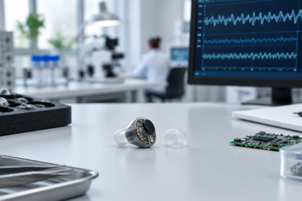 Douszne urządzenie wearable do rejestracji sygnałów bioelektrycznych na stanowisku inżynieryjnym.