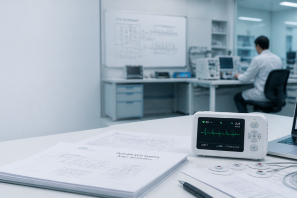 Przenośny system EKG na stanowisku testowym w laboratorium wyrobów medycznych.