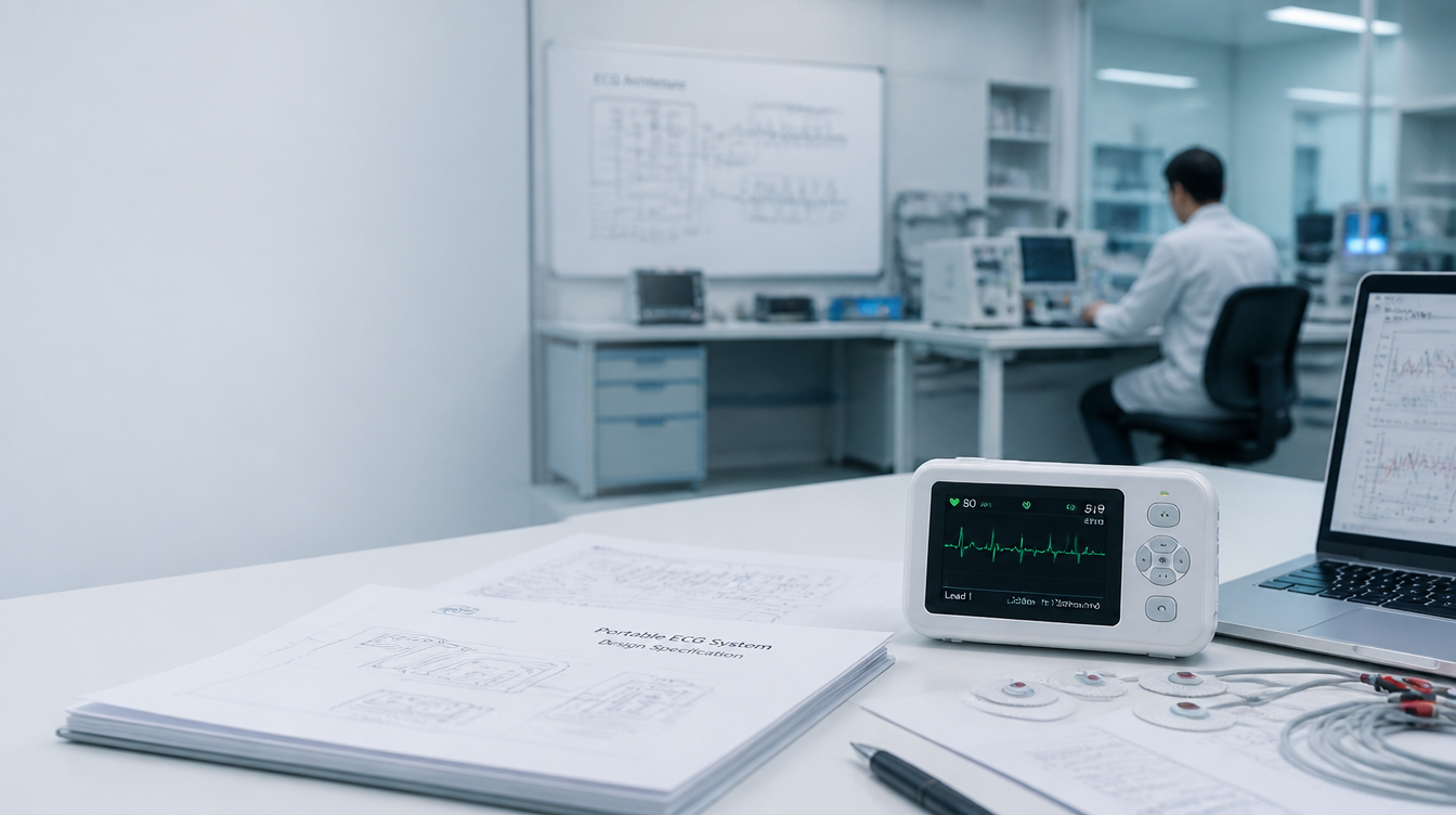 Przenośny system EKG na stanowisku testowym w laboratorium wyrobów medycznych.