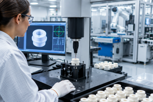 Precyzyjne komponenty ceramiczne podczas kontroli jakości w środowisku produkcyjnym MedTech.