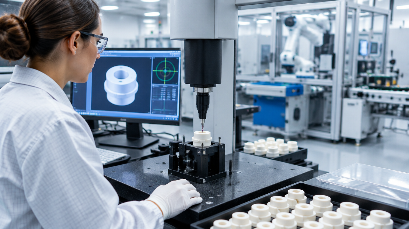Precyzyjne komponenty ceramiczne podczas kontroli jakości w środowisku produkcyjnym MedTech.