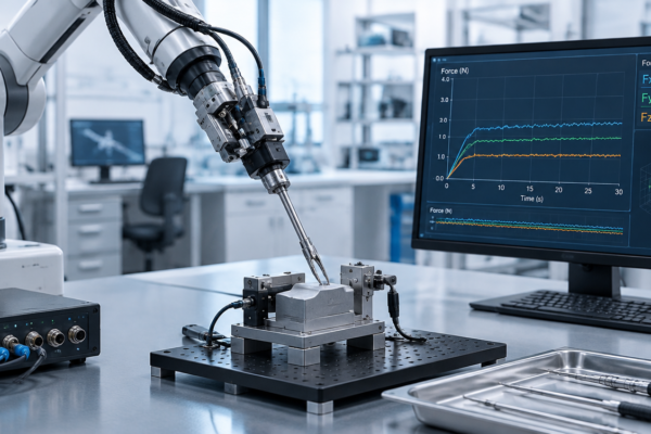 Robotyczny instrument chirurgiczny z systemem pomiaru siły na stanowisku testowym.
