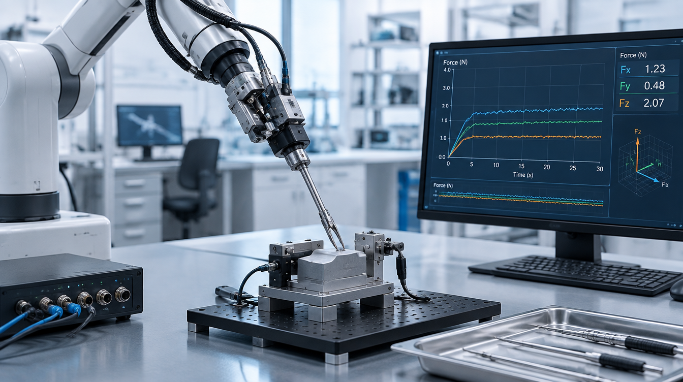 Robotyczny instrument chirurgiczny z systemem pomiaru siły na stanowisku testowym.