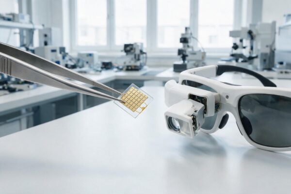 Miniaturowy implant siatkówkowy i współpracujące okulary w laboratorium technologii medycznych.