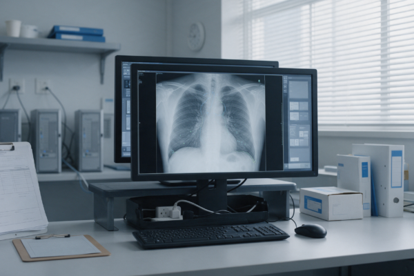 Stanowisko radiologiczne z oprogramowaniem CAD i dokumentacją regulacyjną.