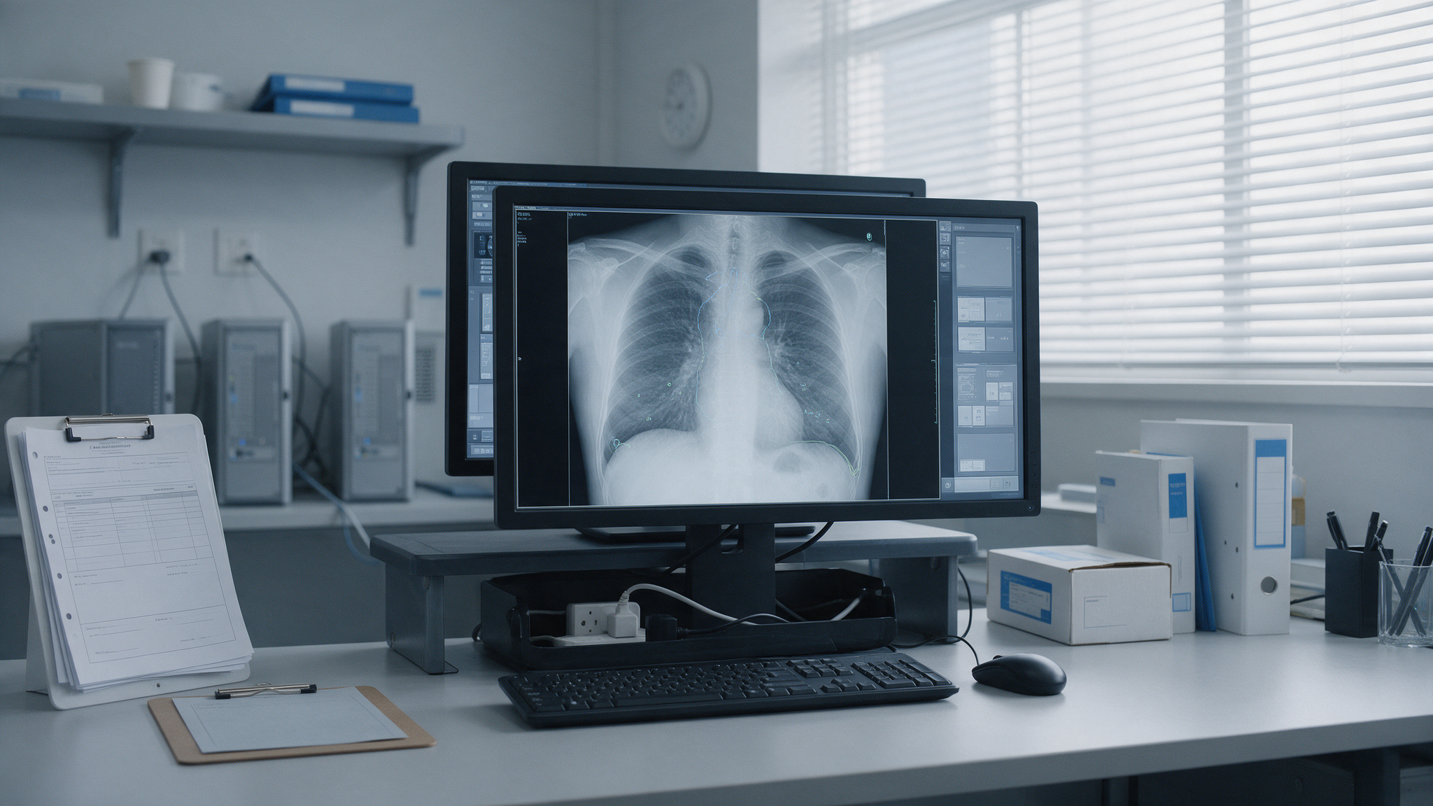Stanowisko radiologiczne z oprogramowaniem CAD i dokumentacją regulacyjną.