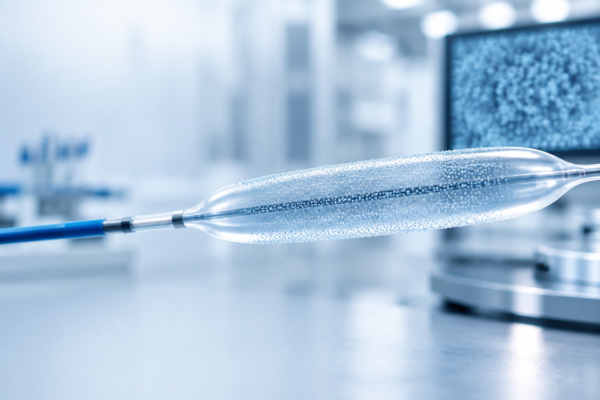 Cewnik z balonem angioplastycznym i funkcjonalną powłoką w środowisku laboratoryjnym.