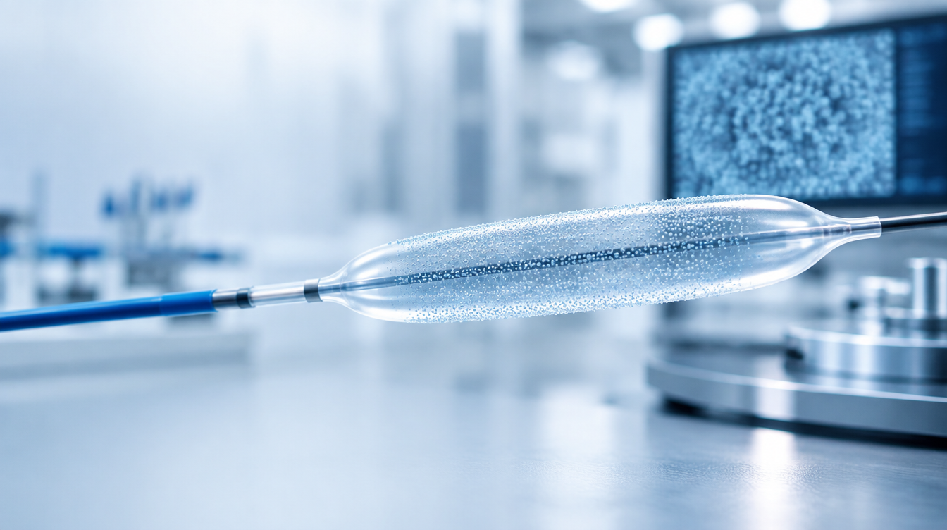 Cewnik z balonem angioplastycznym i funkcjonalną powłoką w środowisku laboratoryjnym.