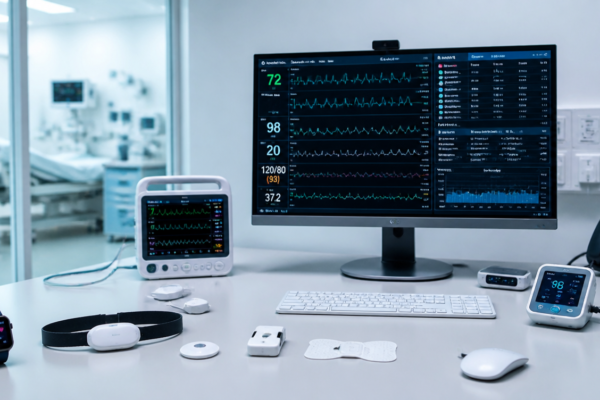 Połączony ekosystem monitoringu z urządzeniami wearable i biosensorami przesyłającymi dane do centralnego systemu.