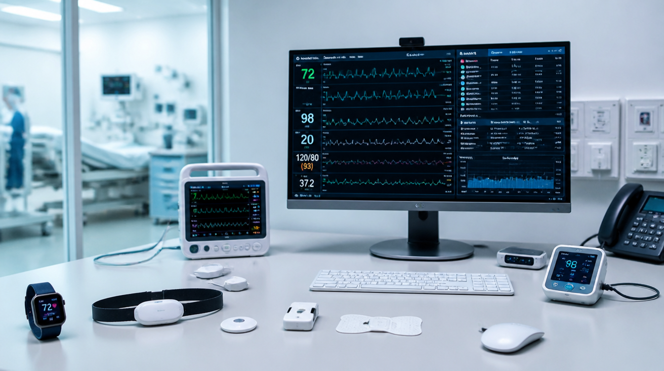 Połączony ekosystem monitoringu z urządzeniami wearable i biosensorami przesyłającymi dane do centralnego systemu.