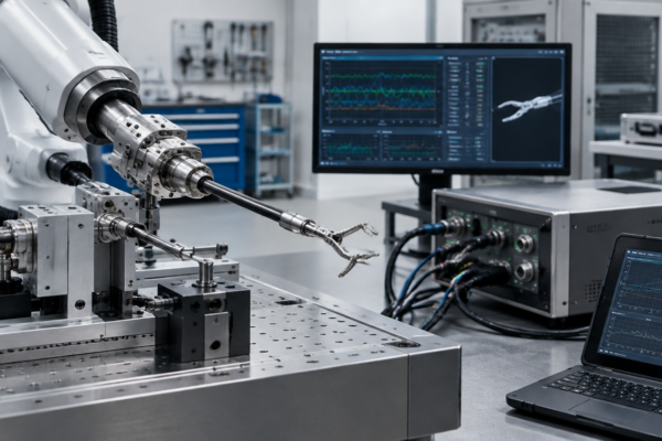 Precyzyjny instrument robotyczny na stanowisku testów integracyjnych.