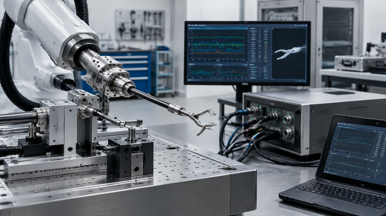 Precyzyjny instrument robotyczny na stanowisku testów integracyjnych.
