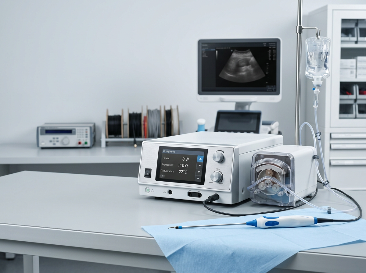 System ablacji RF z generatorem, pompą chłodzącą i elektrodą jednorazową