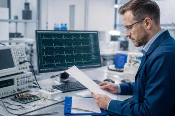 Inżynier analizujący dokumentację techniczną i elektronikę systemu EKG podczas procesu oceny zgodności.