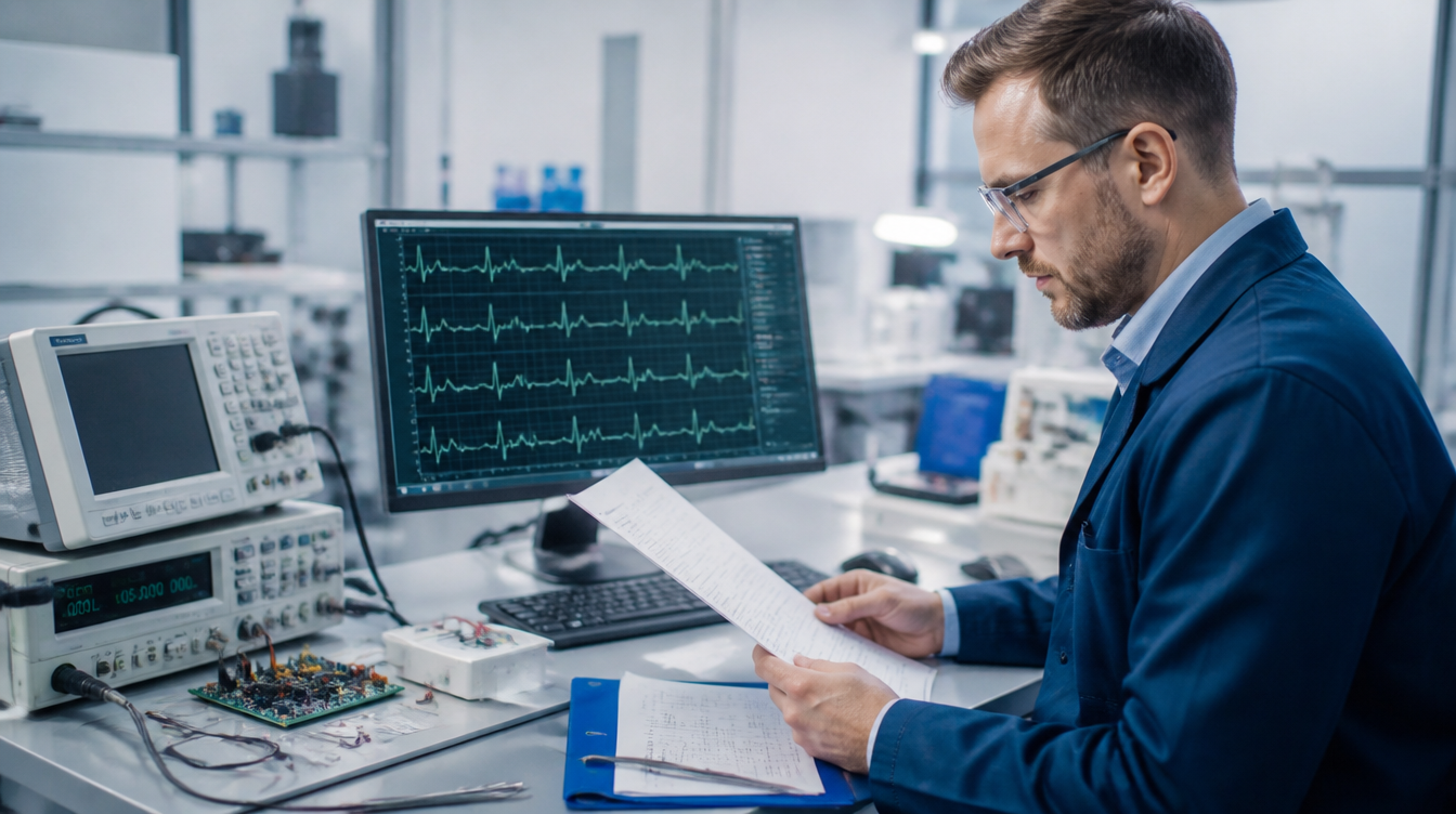 Inżynier analizujący dokumentację techniczną i elektronikę systemu EKG podczas procesu oceny zgodności.