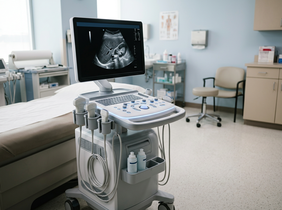 Realistic modern compact ultrasound system in a professional diagnostic imaging room, large 24-inch monitor displaying a generic ultrasound image and subtle measurement interface, several interchangeable ultrasound transducers organized beside the device, small mobile footprint, advanced electronics, clean high-volume clinical environment, no patient, no visible brand, no text, horizontal editorial composition.