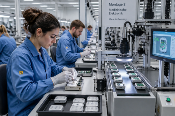 Precyzyjny montaż małych elektronicznych wyrobów medycznych.