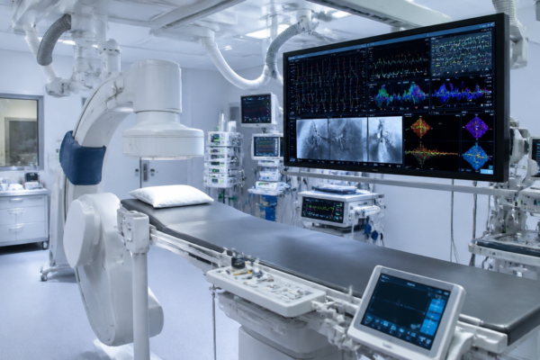 Stanowisko elektrofizjologiczne z konsolą i cewnikami do mapowania oraz ablacji.