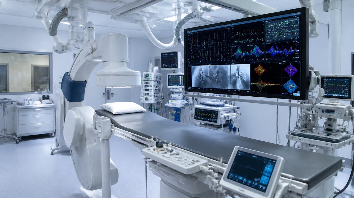 Stanowisko elektrofizjologiczne z konsolą i cewnikami do mapowania oraz ablacji.