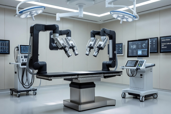 System chirurgii robotycznej z ramionami zintegrowanymi ze stołem operacyjnym.