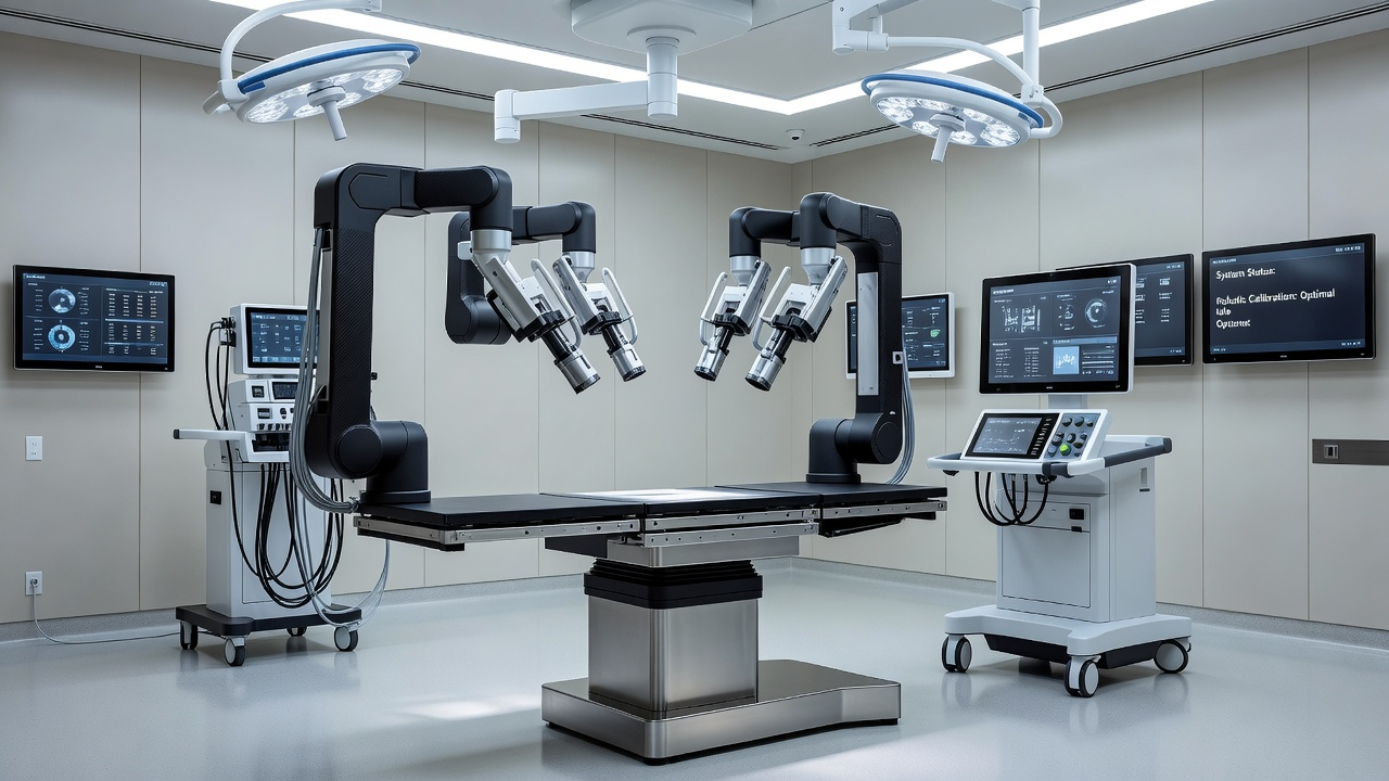 System chirurgii robotycznej z ramionami zintegrowanymi ze stołem operacyjnym.