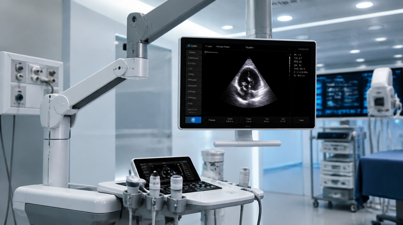 System ultradźwiękowy z monitorem obrazowania w nowoczesnym pomieszczeniu medyczno-technicznym.
